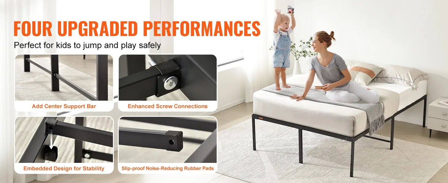 VEVOR metal bed frame with center support bar, enhanced screw connections, embedded stability