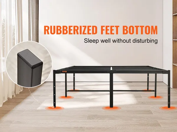 VEVOR metal bed frame with rubberized feet bottom for stability in a modern, well-lit room.