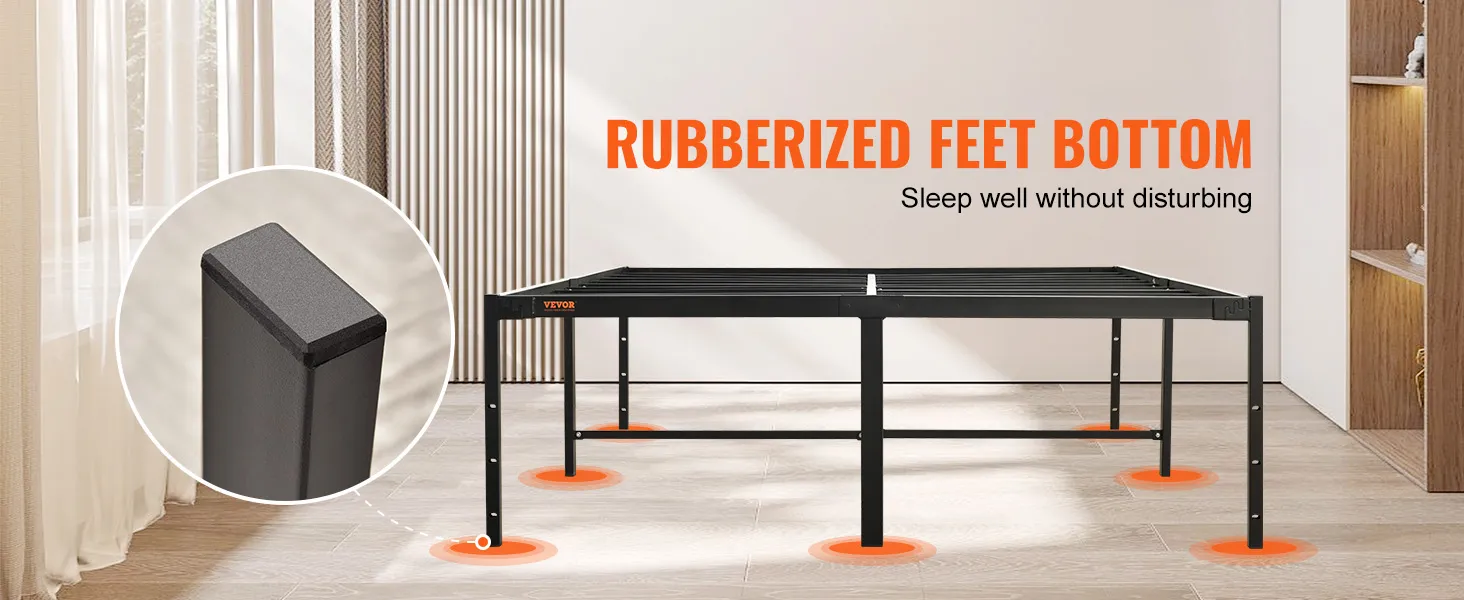 VEVOR metal bed frame with rubberized feet bottom for stability in a modern, well-lit room.
