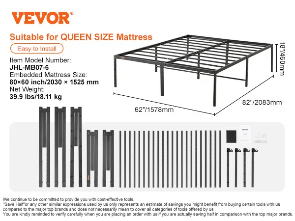 VEVOR queen metal bed frame, easy to install, fits 80x60" mattress, model jhl-mb07-6, black.