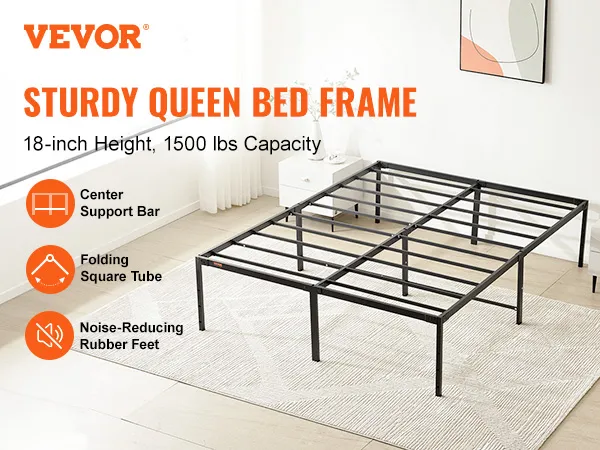 VEVOR queen metal bed frame in modern bedroom with center support bar, 1500 lbs capacity.