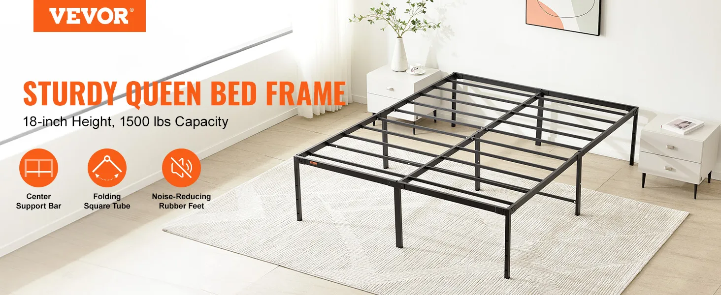 VEVOR queen metal bed frame in modern bedroom with center support bar, 1500 lbs capacity.