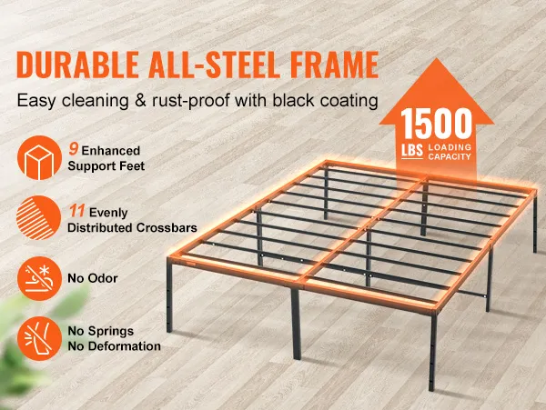 durable, all-steel VEVOR queen metal bed frame with 1500 lbs loading capacity and black rust-proof coating.