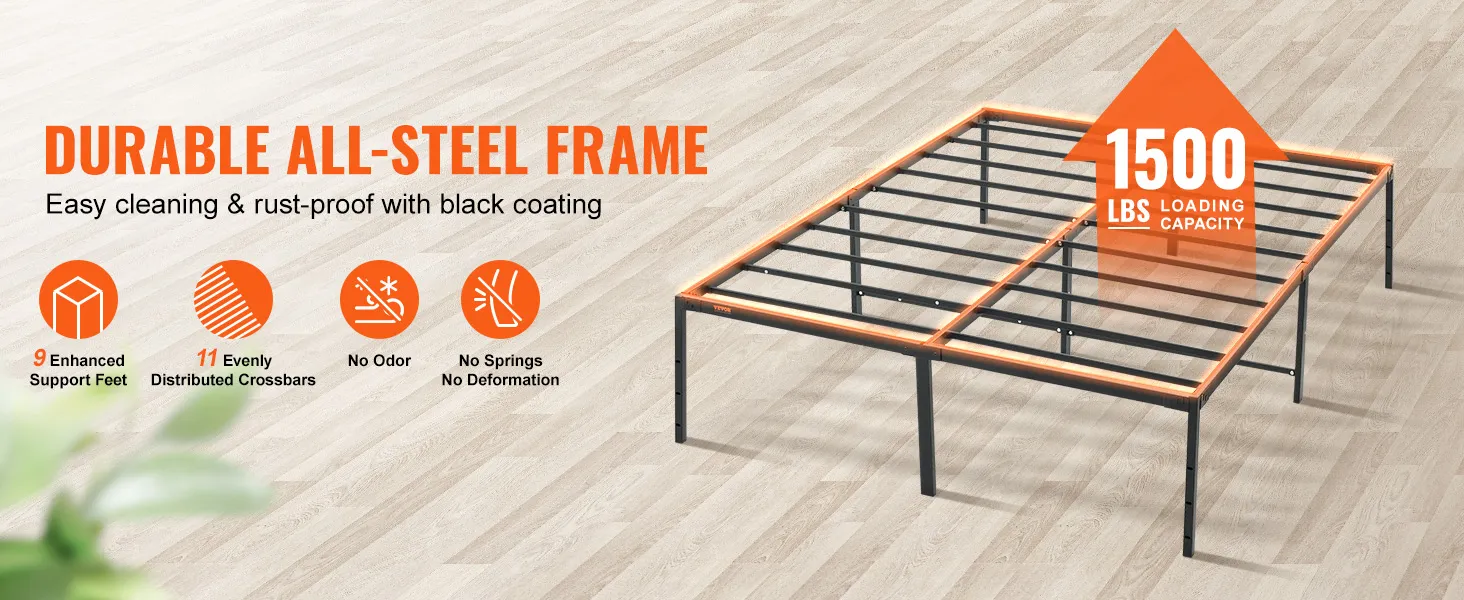durable, all-steel VEVOR queen metal bed frame with 1500 lbs loading capacity and black rust-proof coating.