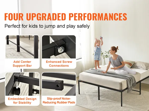 VEVOR queen metal bed frame highlights durability with center support bar, enhanced connections, and stability.