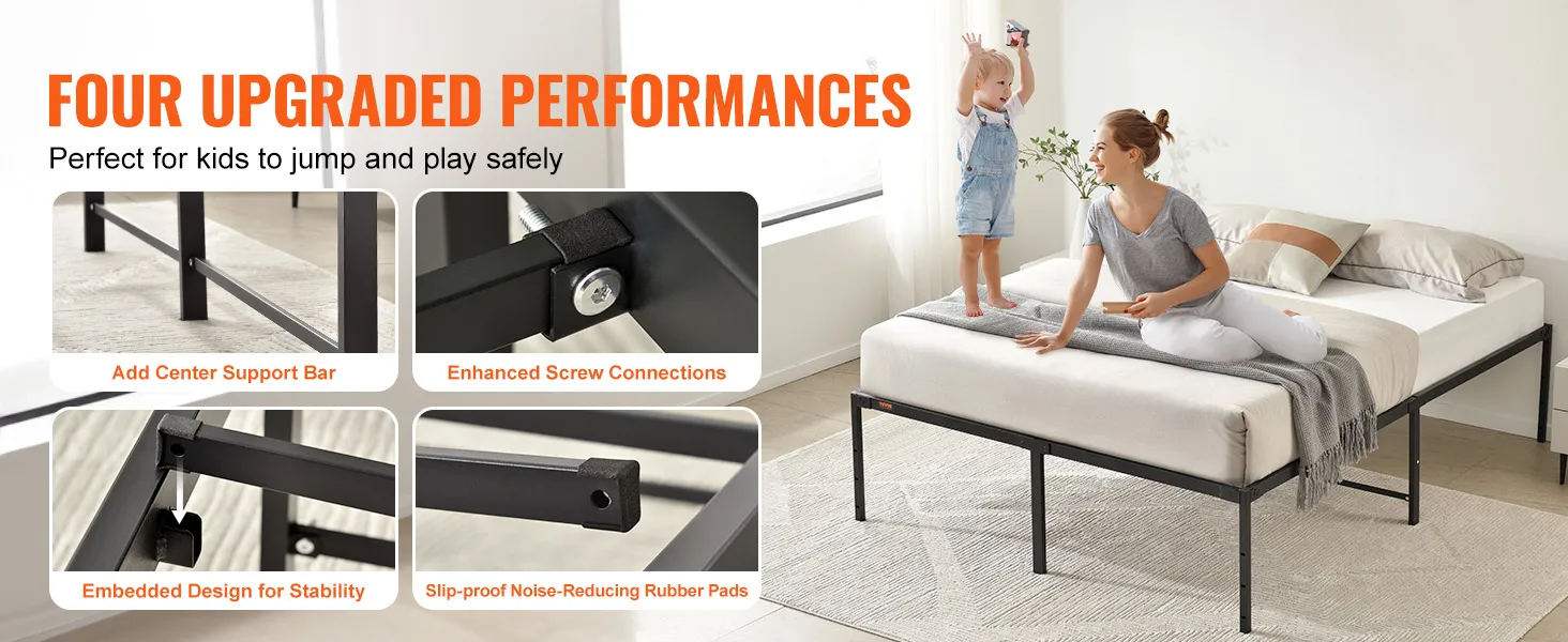 VEVOR queen metal bed frame highlights durability with center support bar, enhanced connections, and stability.
