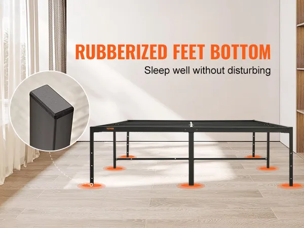 VEVOR queen metal bed frame in modern room with rubberized feet bottom for noise reduction.