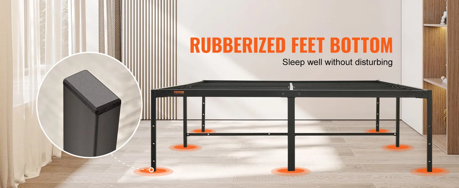 VEVOR queen metal bed frame in modern room with rubberized feet bottom for noise reduction.