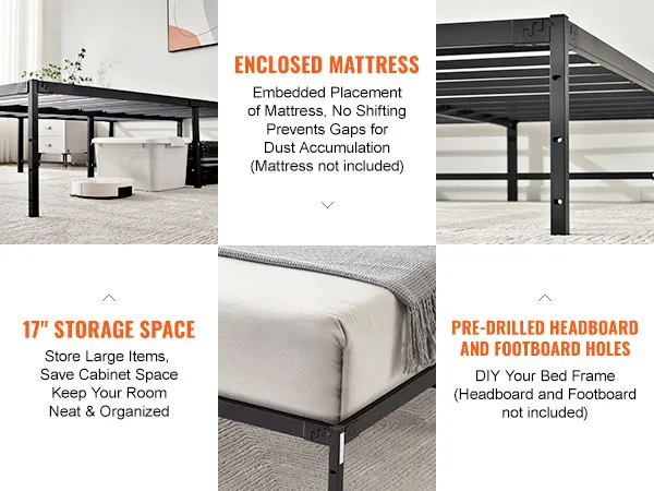 VEVOR queen metal bed frame with 17" storage space, enclosed mattress, and pre-drilled headboard holes.