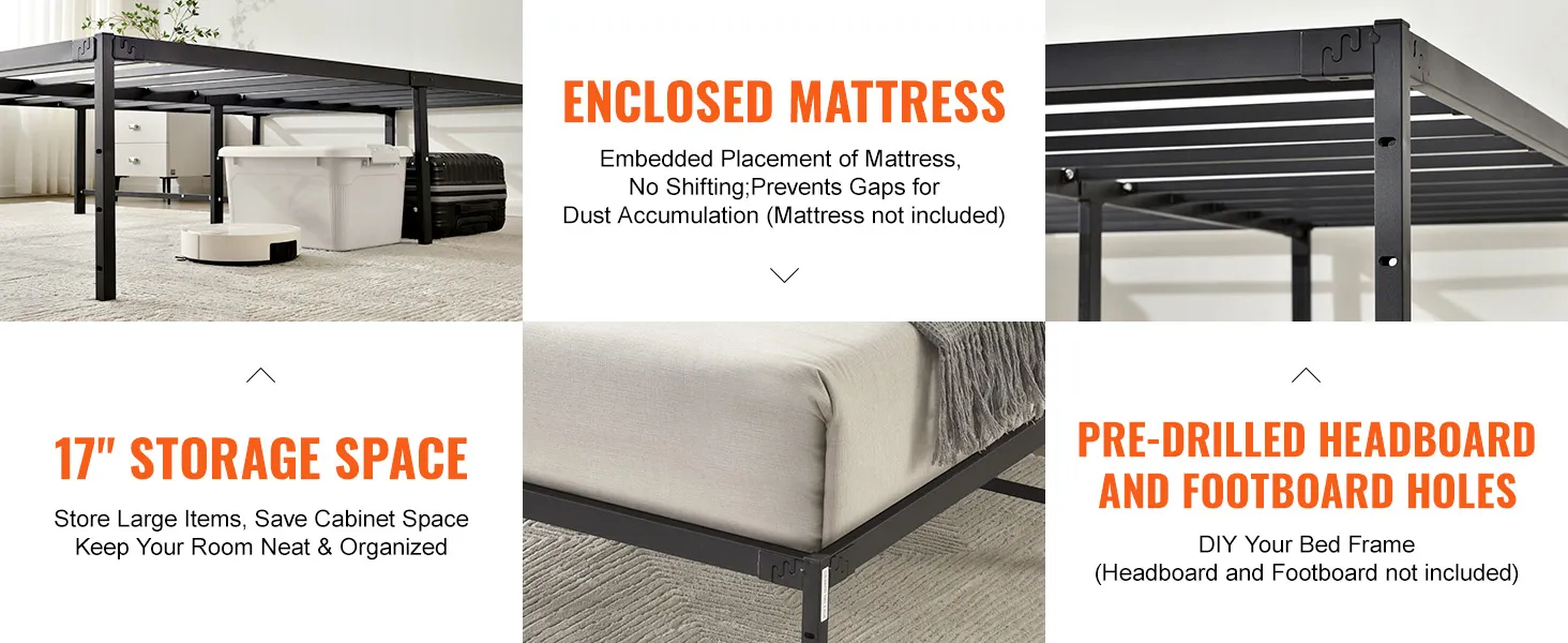 VEVOR queen metal bed frame with 17" storage space, enclosed mattress, and pre-drilled headboard holes.