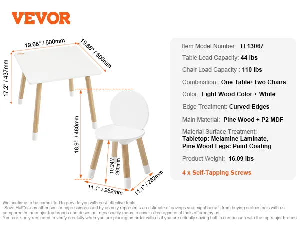 VEVOR kids table set with light wood legs and white tabletop, includes two chairs, size details shown.