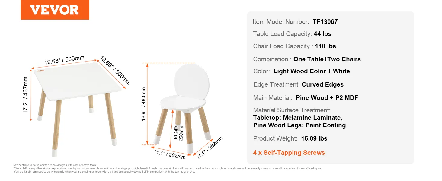 VEVOR kids table set with light wood legs and white tabletop, includes two chairs, size details shown.