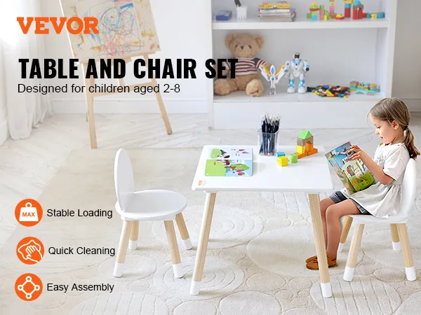 VEVOR kids table set with durable wooden legs, child reading, and vibrant toys on a white table.