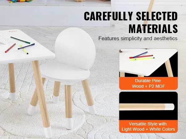 VEVOR kids table set featuring white round chairs and durable pine wood legs, perfect for playroom.