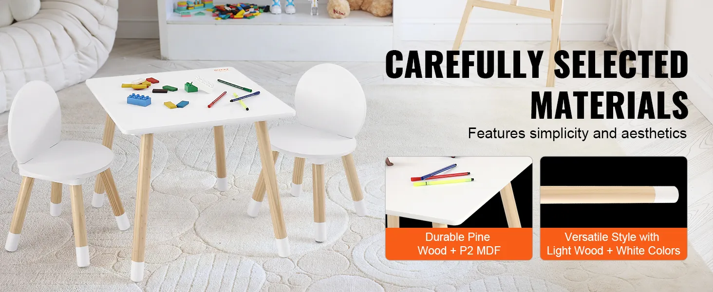VEVOR kids table set featuring white round chairs and durable pine wood legs, perfect for playroom.