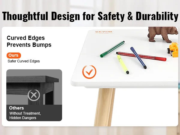 curved edges on the white VEVOR kids table set for safety, with toys and markers on the tabletop.