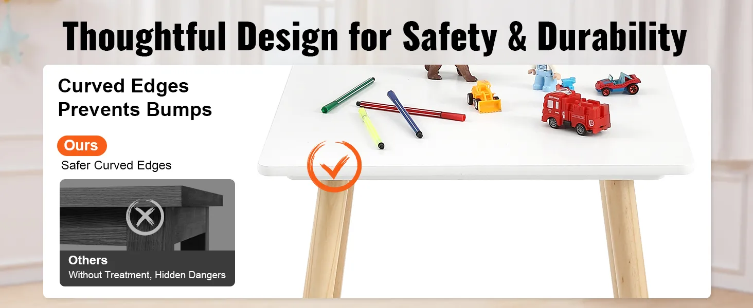 curved edges on the white VEVOR kids table set for safety, with toys and markers on the tabletop.