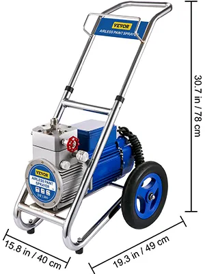 Pulverizador de pintura sin aire VEVOR con ruedas y asa, dimensiones 30,7" x 15,8" x 19,3".