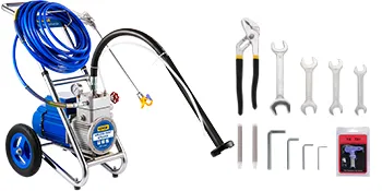 Pulverizador de pintura sin aire VEVOR con manguera azul, llaves, alicates y llaves hexagonales.