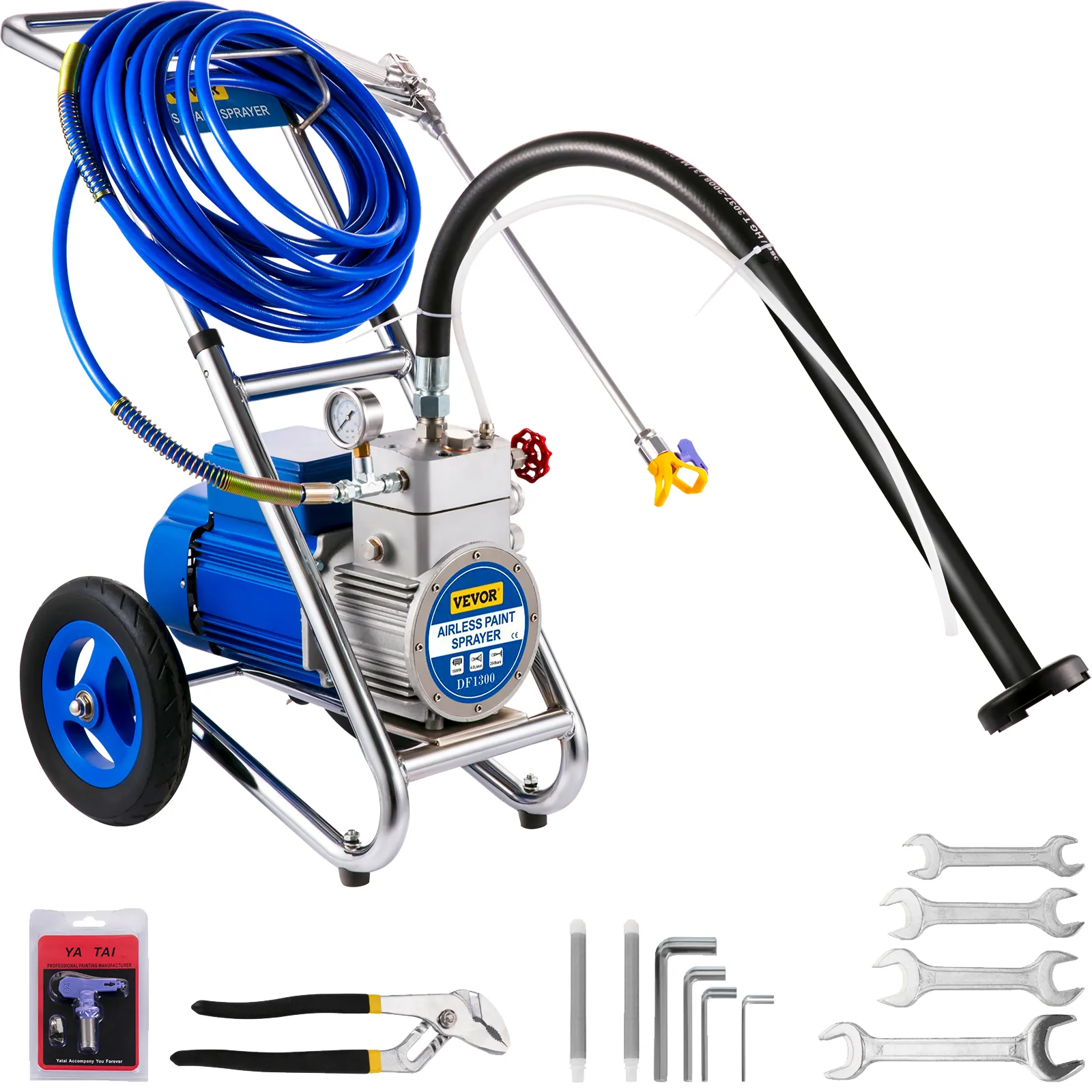 Pulverizador de pintura sin aire VEVOR con manguera, herramientas y accesorios sobre fondo blanco.