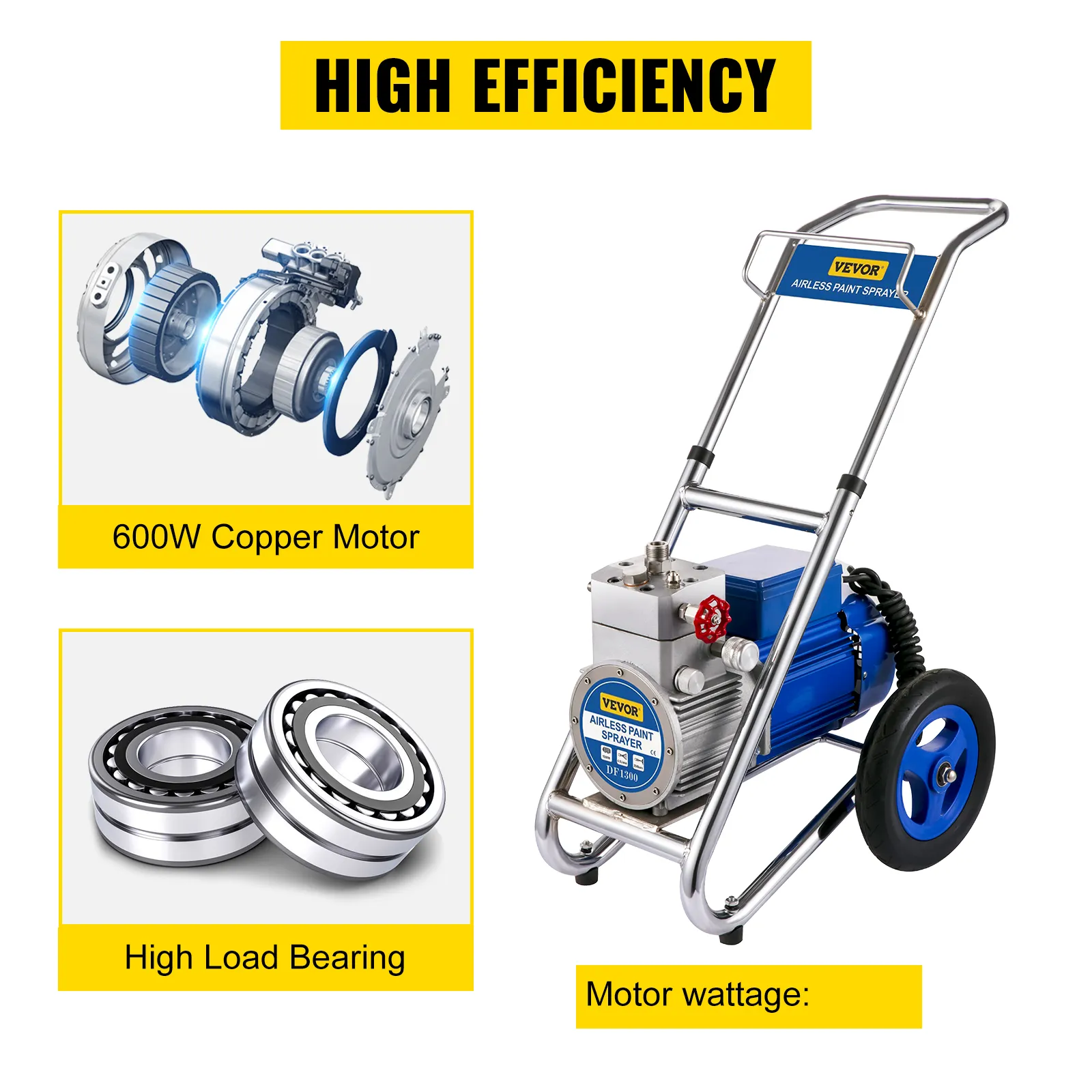Pulverizador de pintura sin aire VEVOR con motor de cobre de 600 W, alta capacidad de carga, alta eficiencia.