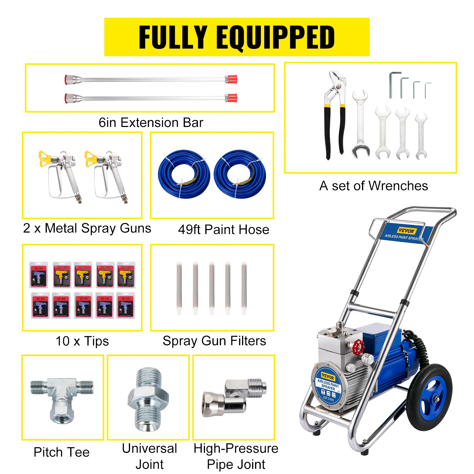 Pulverizador de pintura sin aire VEVOR con barras de extensión, pistolas pulverizadoras, mangueras, boquillas y llaves.
