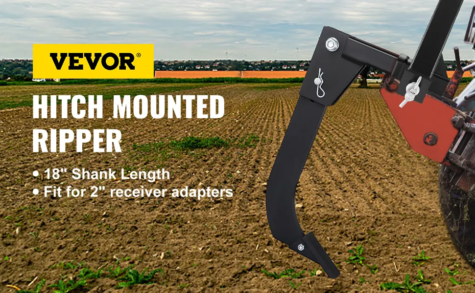 VEVOR hitch mounted ripper with 18" shank on farmland, fits 2" receiver adapters.