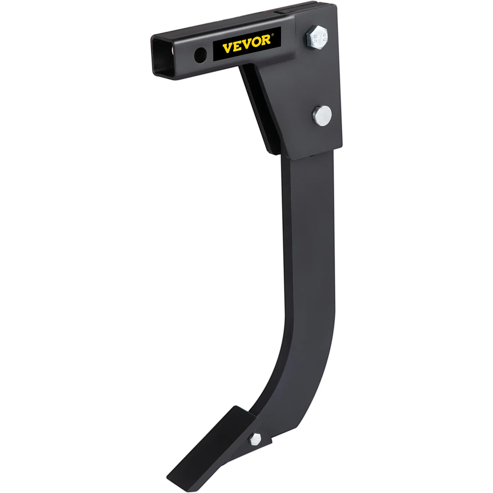 black VEVOR hitch mounted ripper with metal bolts and curved design.