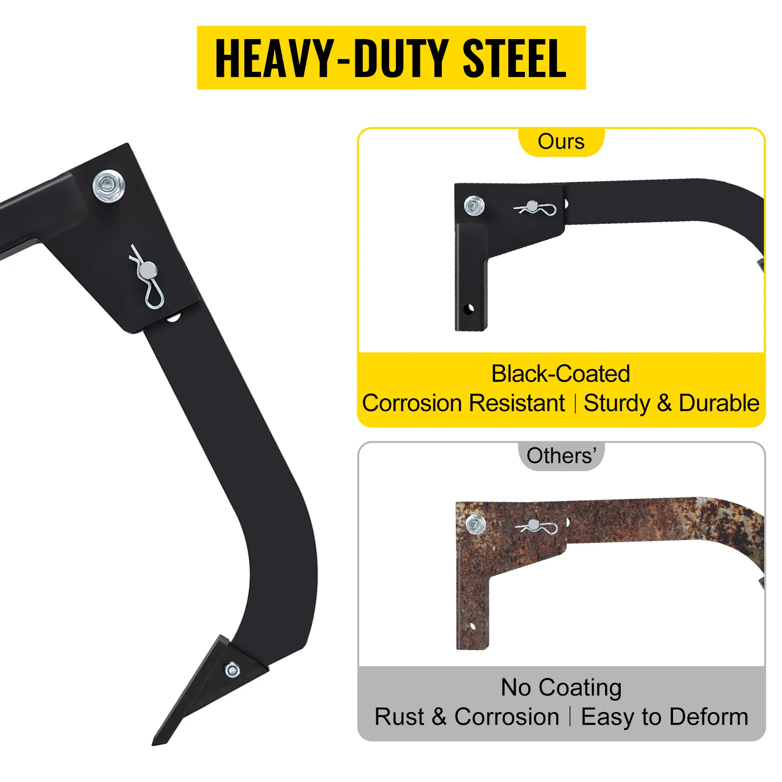 VEVOR hitch mounted ripper: heavy-duty black-coated steel, corrosion resistant.