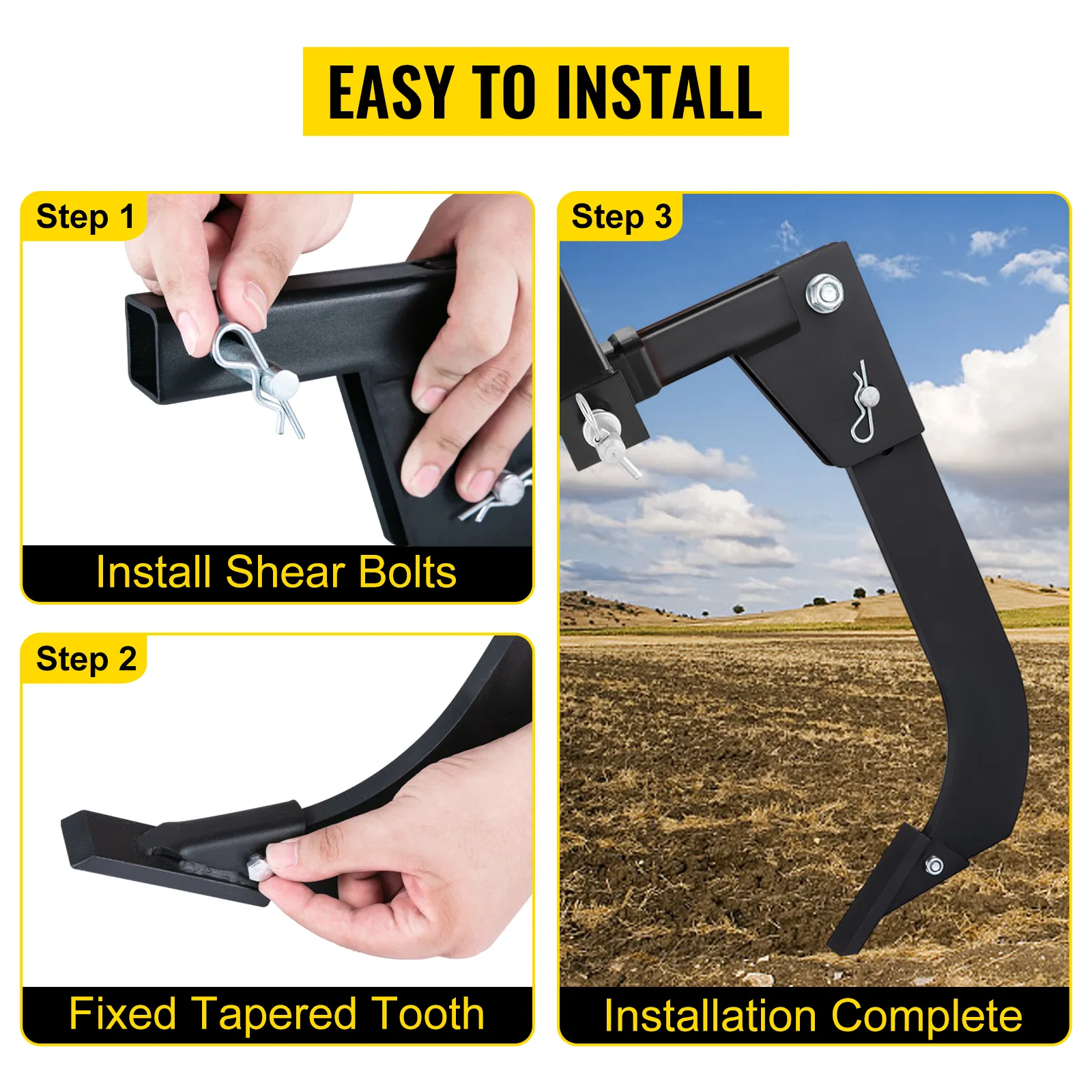 steps to install the VEVOR hitch mounted ripper; shear bolts, tapered tooth, installation complete.