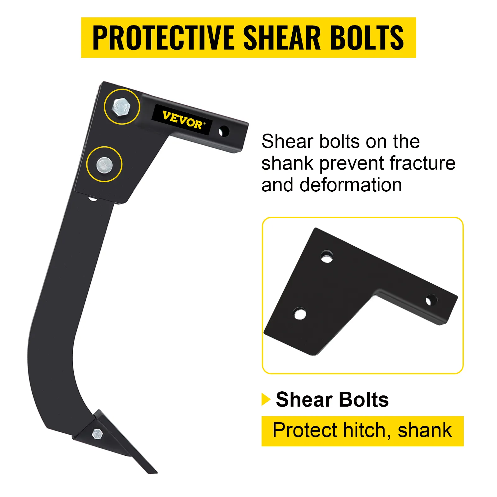 VEVOR hitch mounted ripper with protective shear bolts on the shank to prevent fracture.