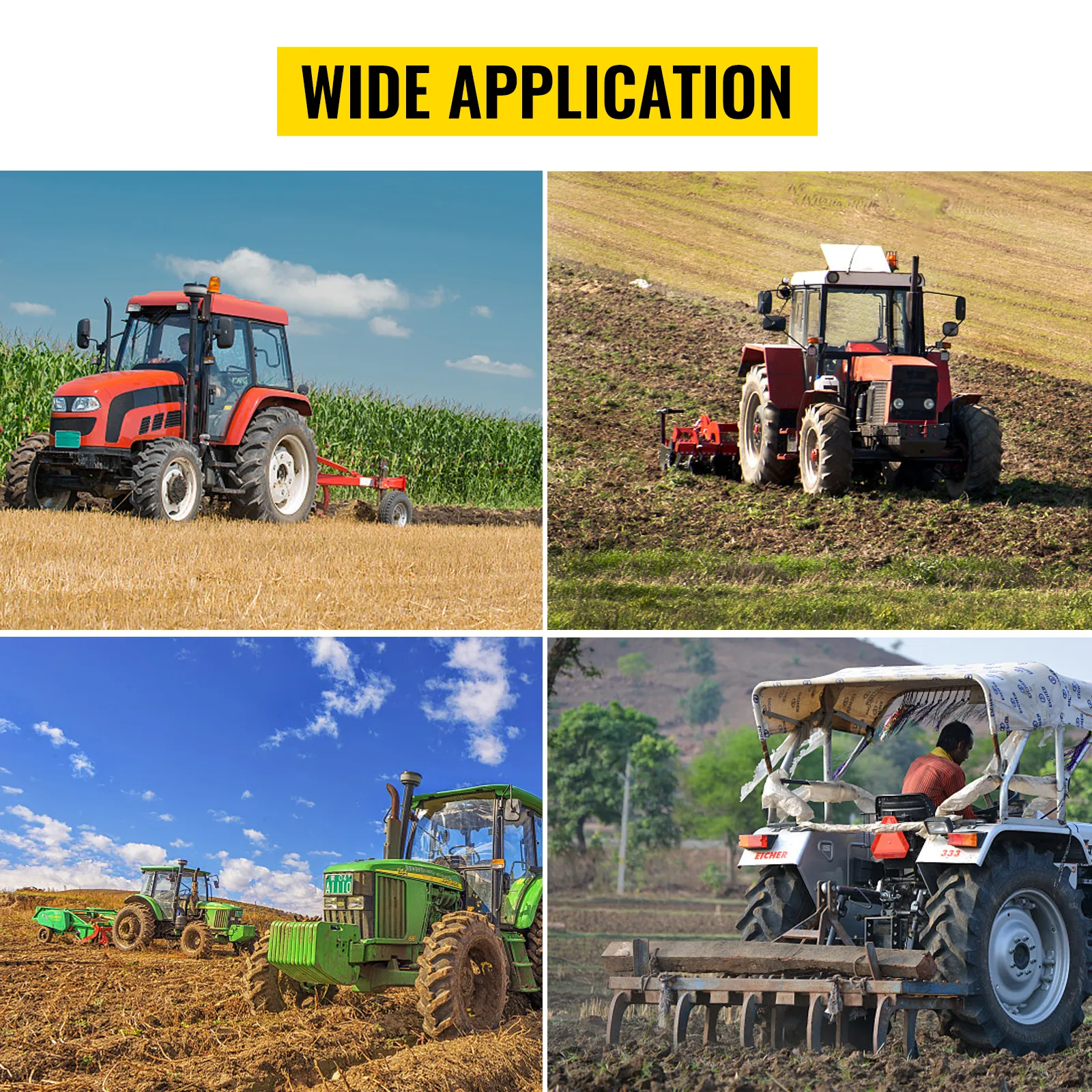 wide application of VEVOR hitch mounted ripper on different tractors in various fields.