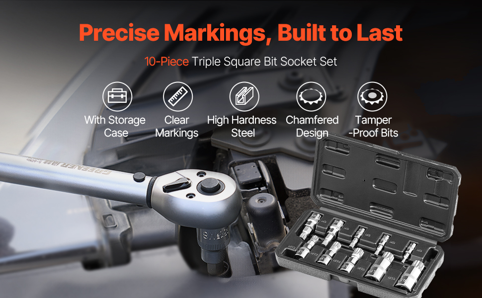 VEVOR XZN Triple Square Spline Bit Socket Set, 10-Piece M4 - M18