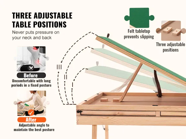 three adjustable table positions on the VEVOR puzzle table showing before and after posture improvements.