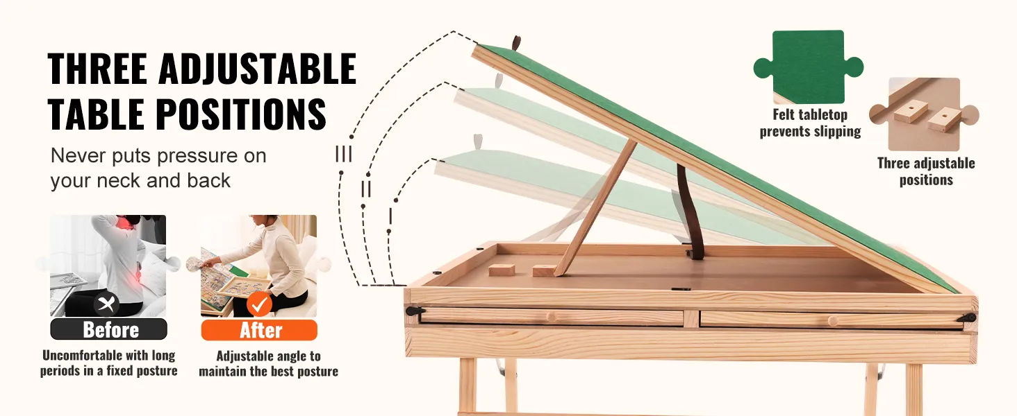 three adjustable table positions on the VEVOR puzzle table showing before and after posture improvements.