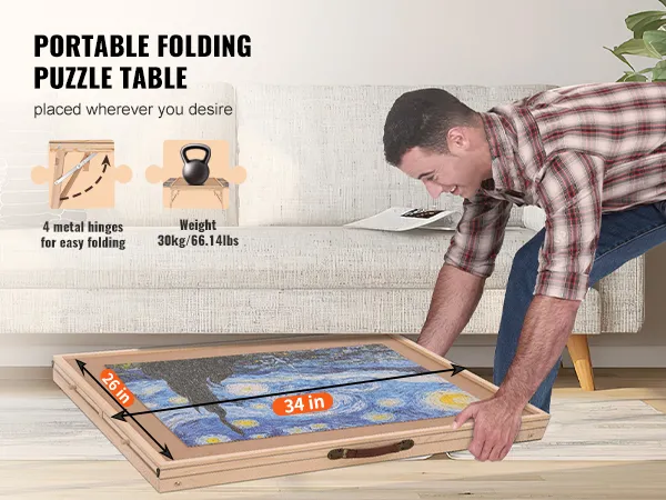 portable folding puzzle table, 34x26 inches, metal hinges for easy folding, 30kg/66.14lbs, practical design.