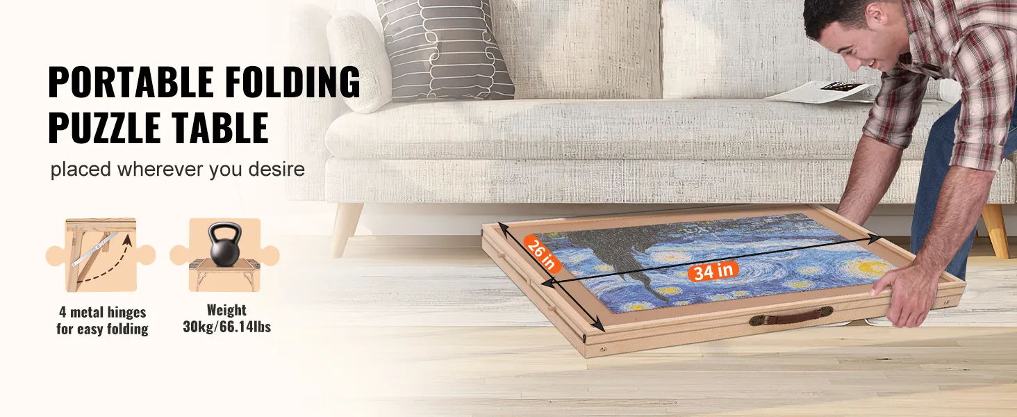 portable folding puzzle table, 34x26 inches, metal hinges for easy folding, 30kg/66.14lbs, practical design.