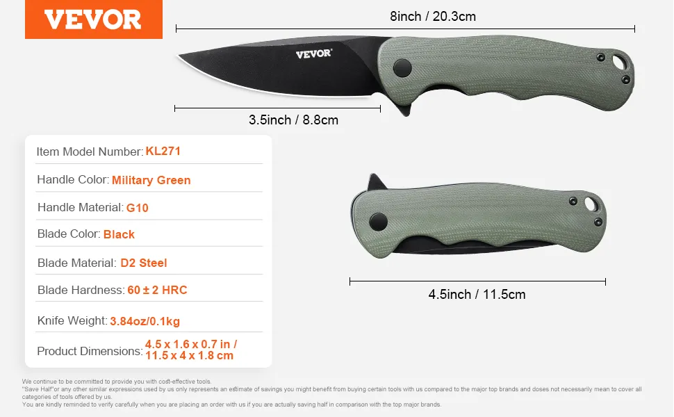 Folding Pocket Knife 3.5 in/8.8 cm D2 Steel Blade G10 Handle Pocket Clip