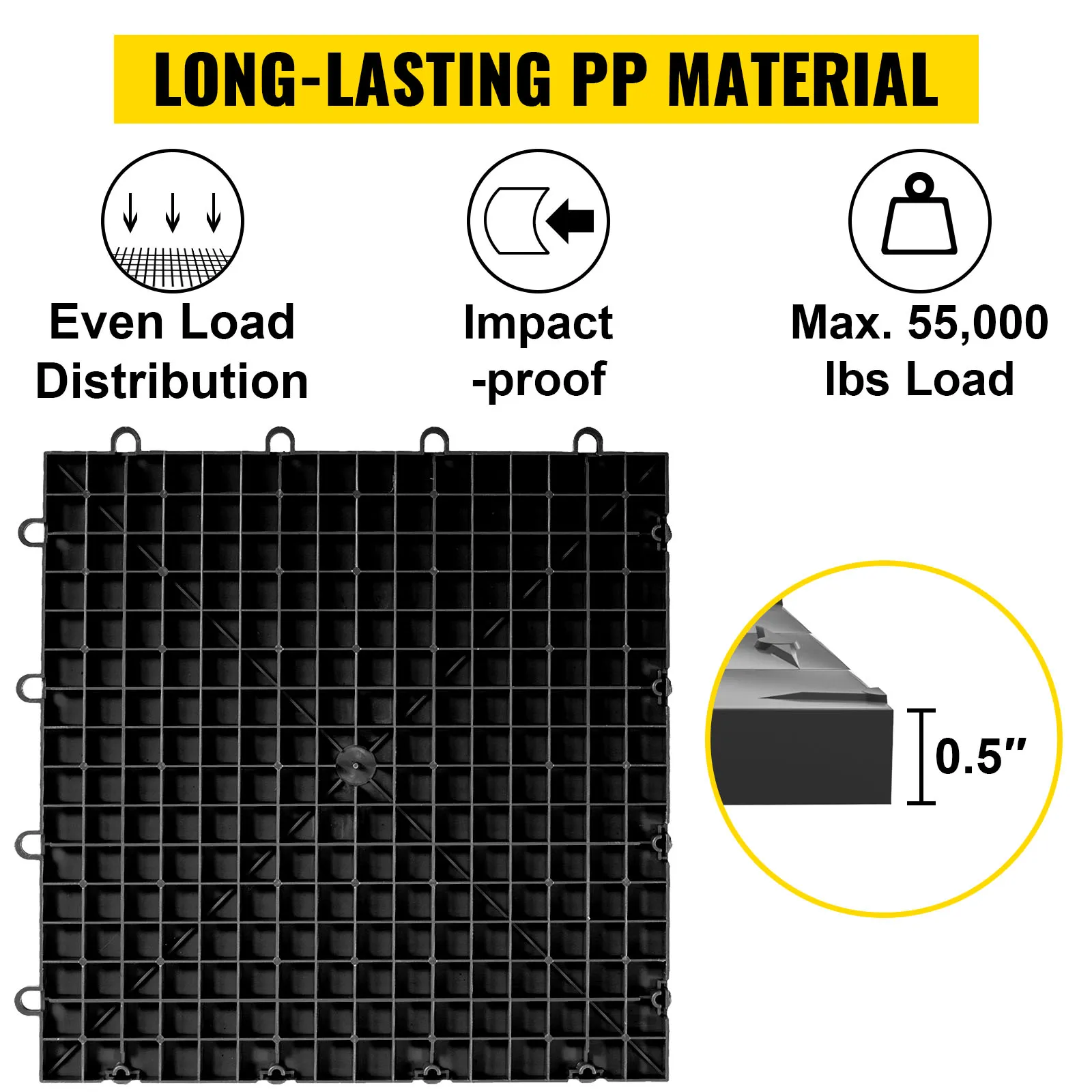 Płyty garażowe VEVOR zapewniają równomierne rozłożenie obciążenia, są odporne na uderzenia i wytrzymują maks. obciążenie 55 000 funtów.