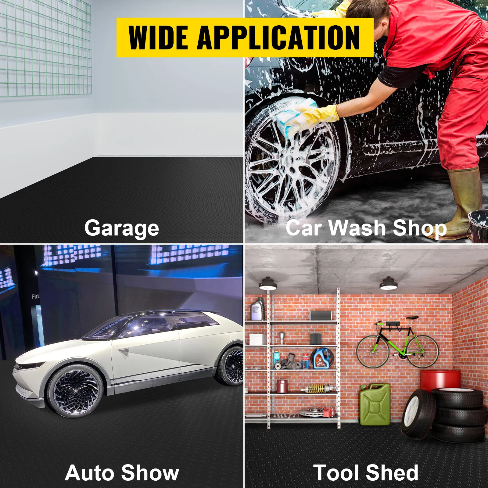 Płytki garażowe VEVOR stosowane w garażach, myjniach samochodowych, salonach samochodowych i szopach narzędziowych.