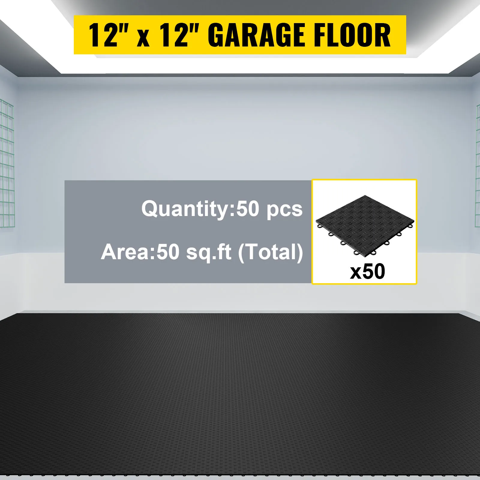 VEVOR garage tiles, 12"x12", 50 pcs, 50 sq.ft coverage, black interlocking tiles.