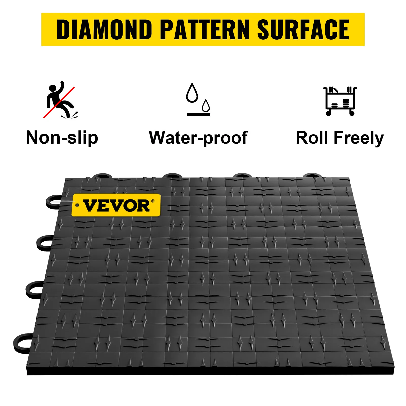 VEVOR garage tiles with diamond pattern surface; non-slip, waterproof, roll freely.