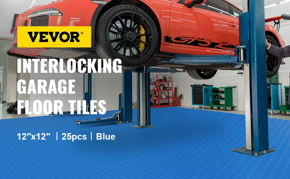 Azulejos de garaje VEVOR en color azul, que muestran un diseño de piso entrelazado con un elevador de automóviles.