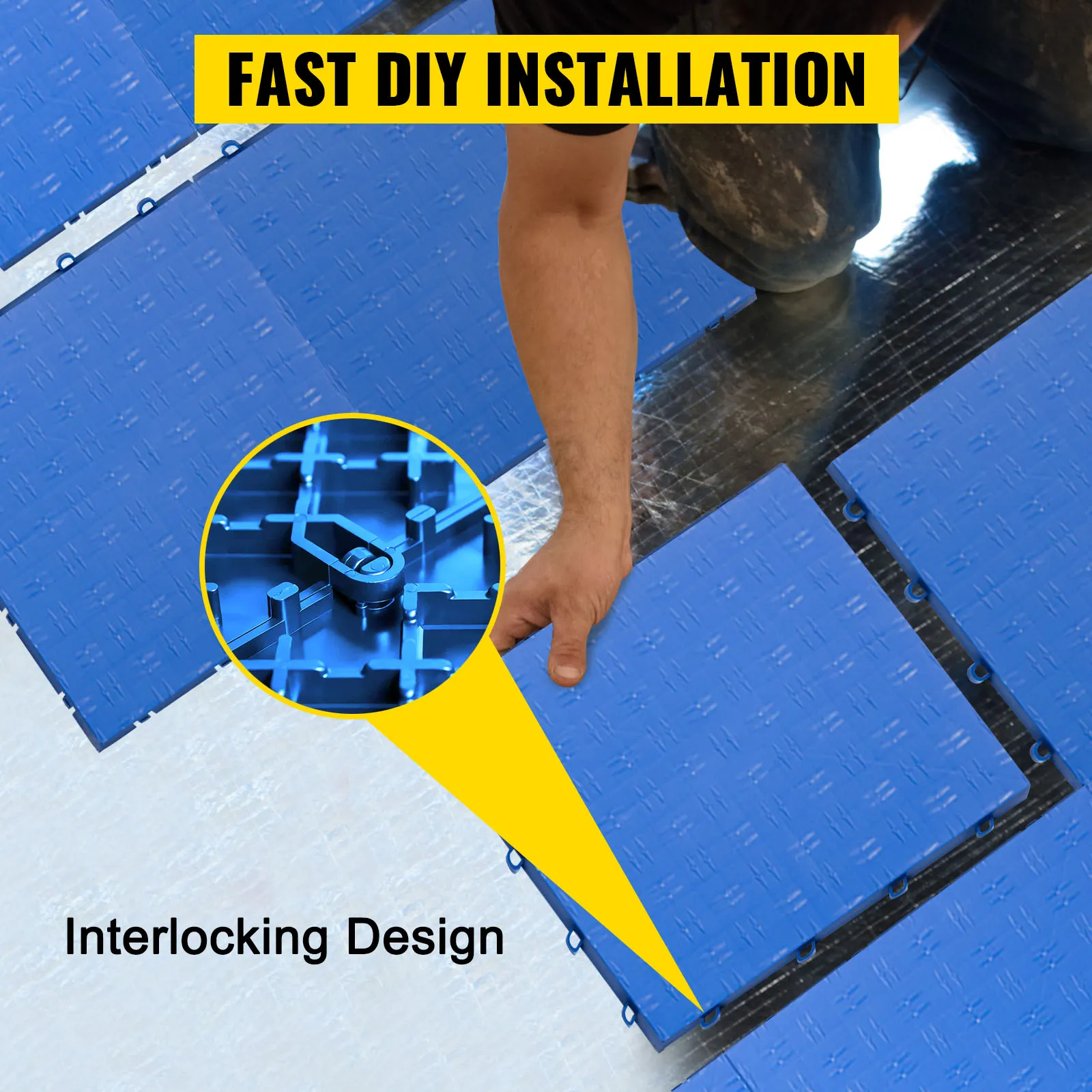 Instalación rápida de bricolaje de baldosas de garaje VEVOR con diseño entrelazado y color azul.