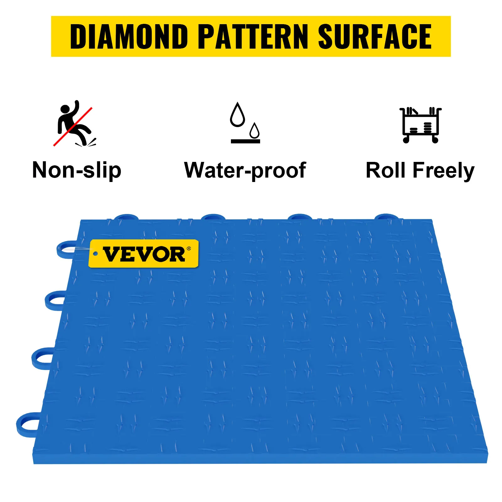 Azulejo de garaje VEVOR azul con patrón de diamantes, antideslizante, impermeable y se desliza libremente.