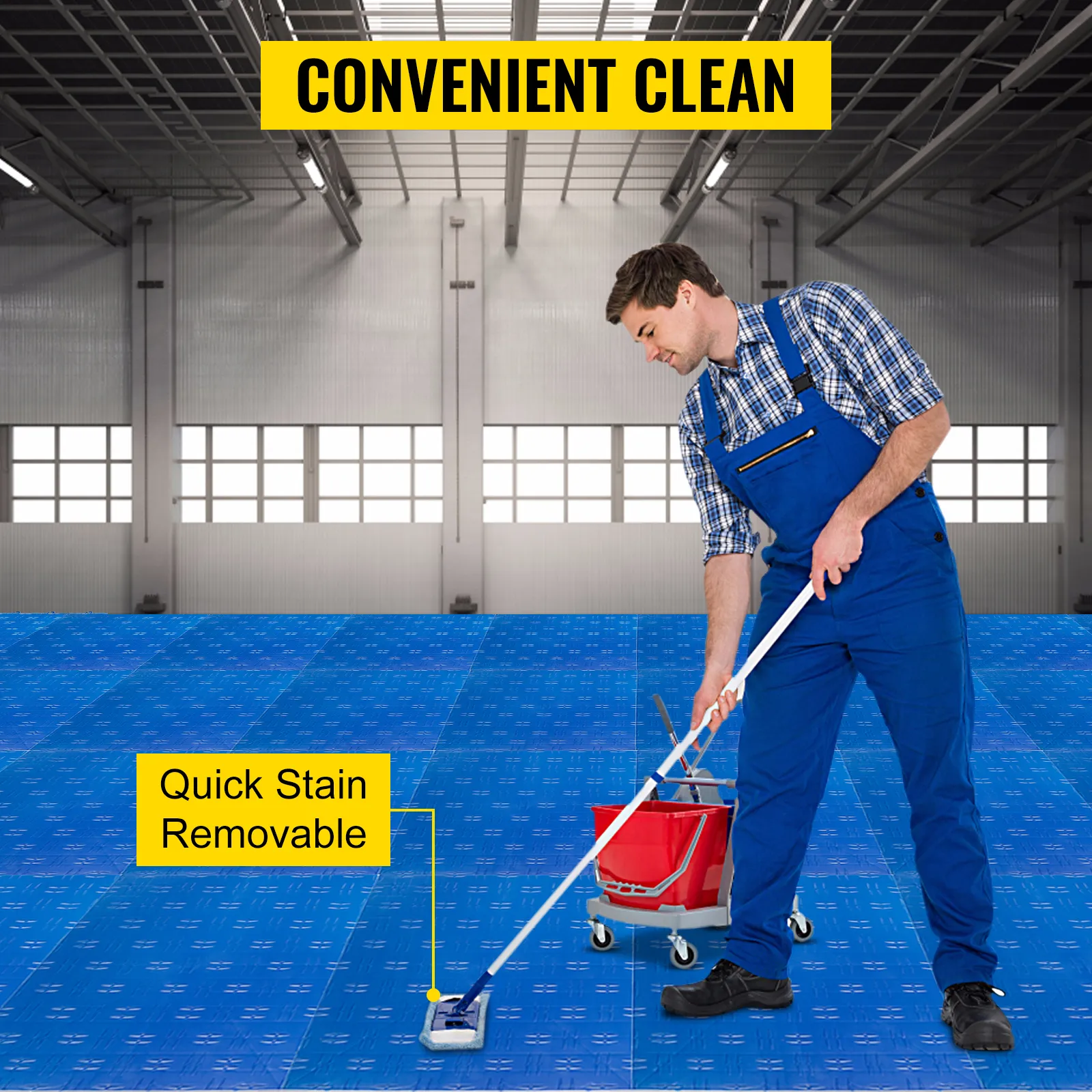 Azulejos de garaje VEVOR limpiados con un trapeador, mostrando la eliminación de manchas y un fácil mantenimiento.