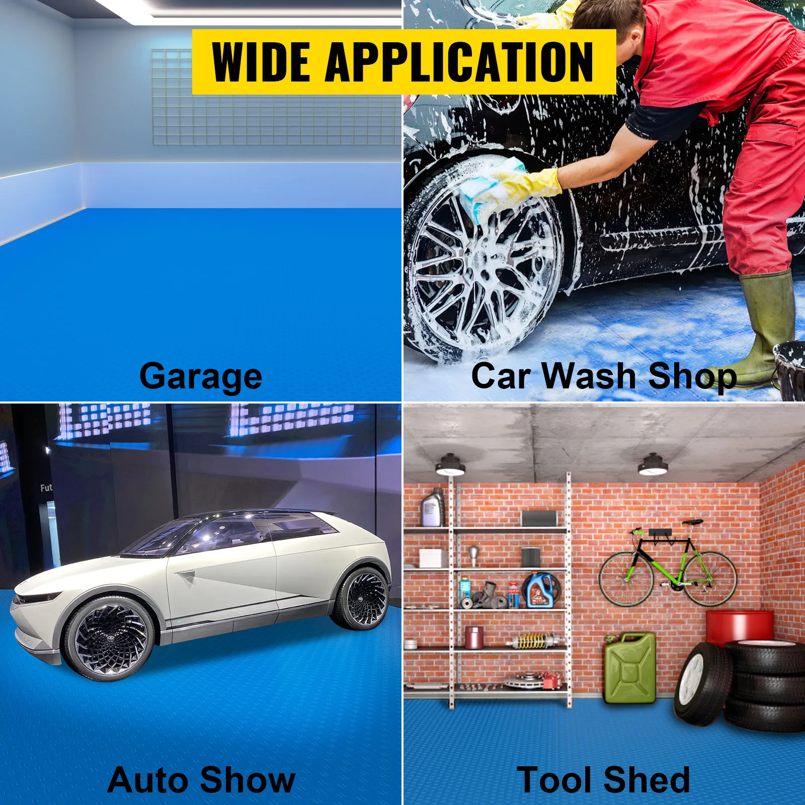 Amplia aplicación de las baldosas de garaje VEVOR en garajes, lavaderos de autos, exposiciones de automóviles y cobertizos de herramientas.