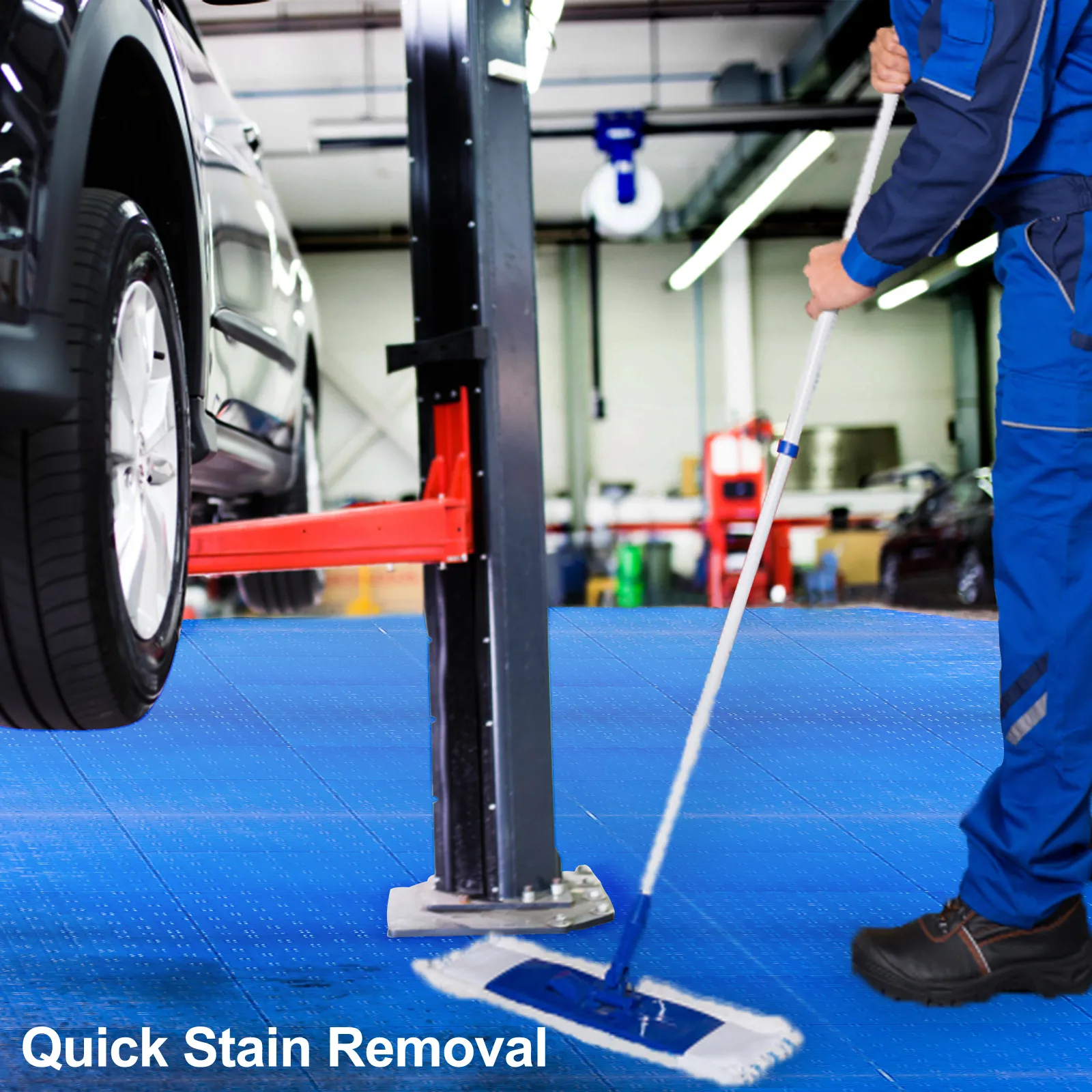 Limpieza mecánica de baldosas azules de garaje VEVOR debajo del elevador de automóviles para la eliminación rápida de manchas.