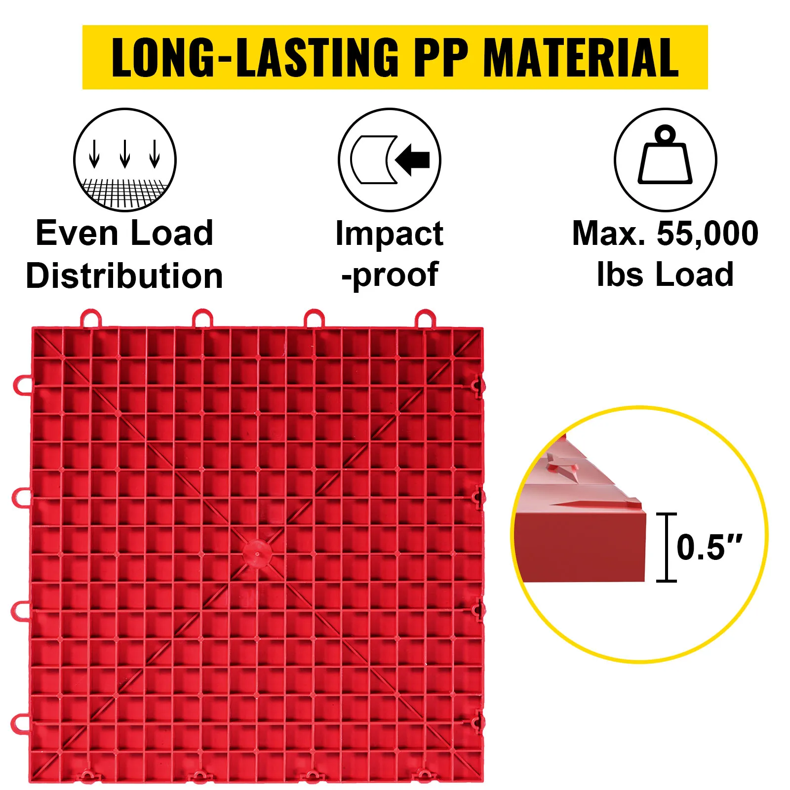 Baldosas de garaje rojas VEVOR con distribución uniforme de la carga y a prueba de impactos, que soportan 55.000 libras.
