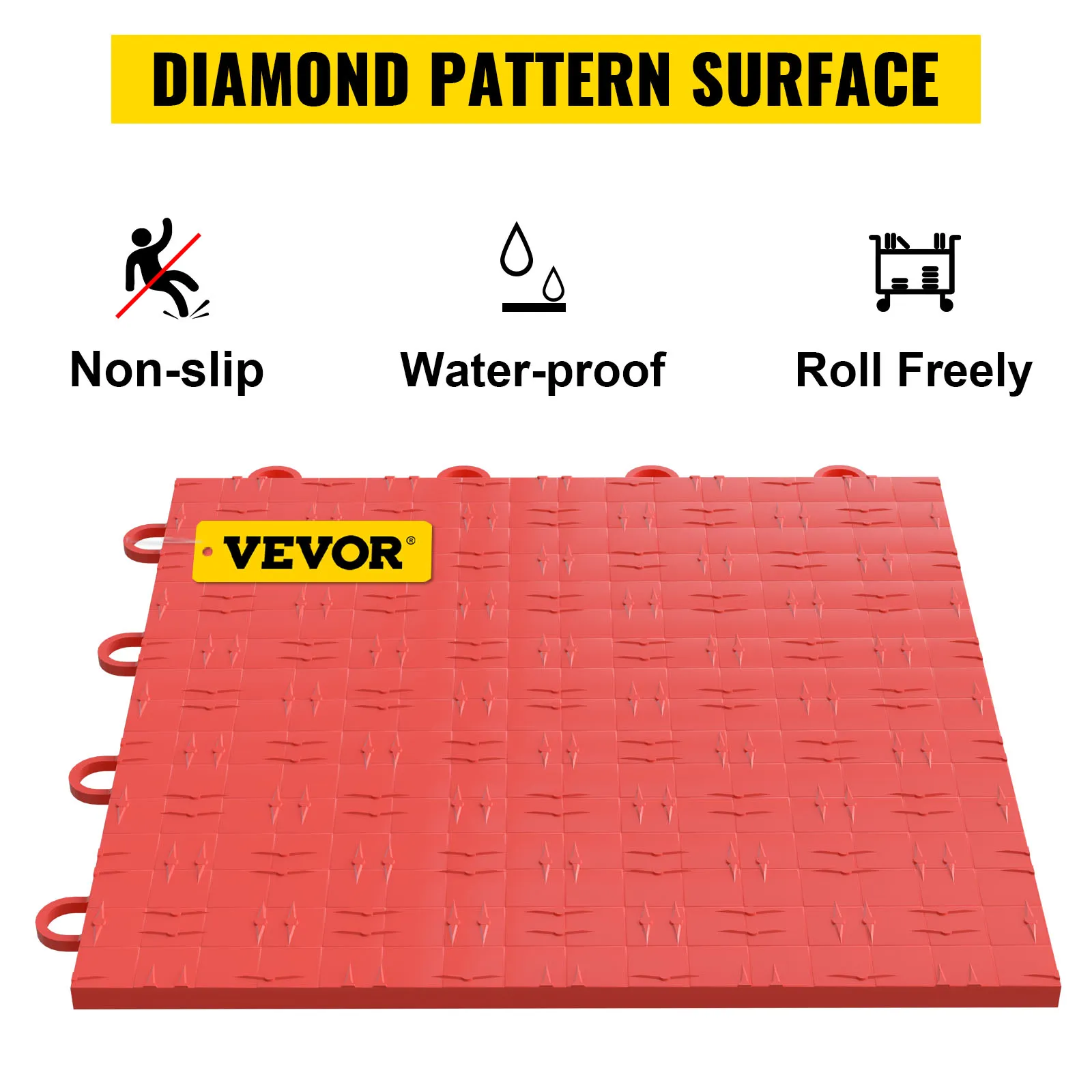 Azulejos de garaje VEVOR: patrón de diamantes rojos, antideslizantes, impermeables, se deslizan libremente.